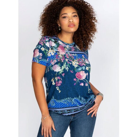 Johnny Was Revive Floral Short Sleeve Special Tee Shirt Rayon Navy Blue Top - Picture 1 of 7